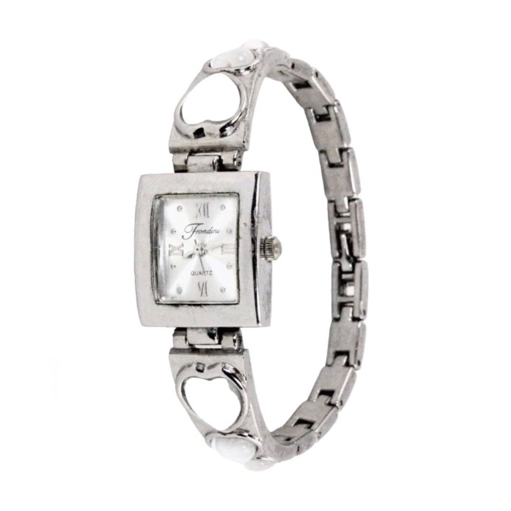Fondini Y2K Quartz Swiss Parts Silver Tone & Pearlescent White Hearts Watch
